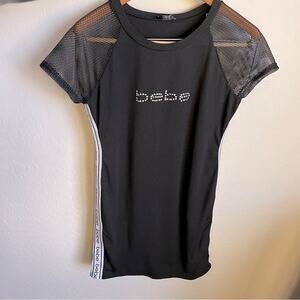 BEBE mesh sleeve sporty bling embellished logo black athletic stripe XL